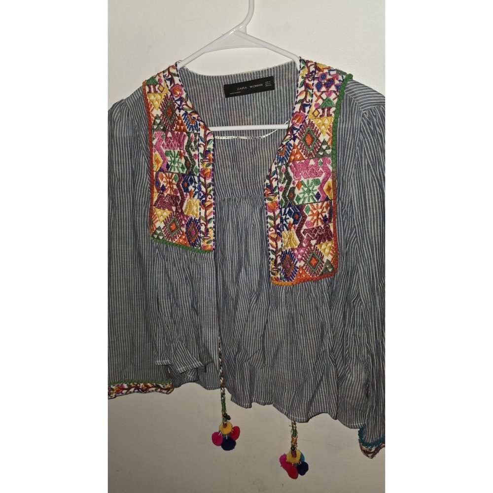 Zara Woman Jacket Blouse Embroidered Boho Pom Pom Blue White Striped Womens Sz S - Picture 7 of 10